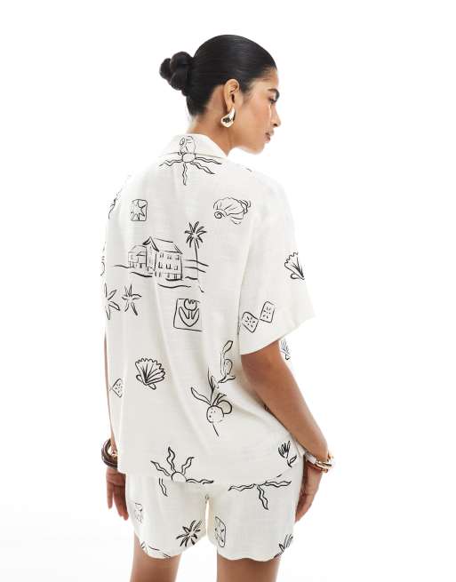 Camisa de manga corta con estampado de dibujo de mezcla de lino de ASOS DESIGN (parte de un conjunto), 3 de 4