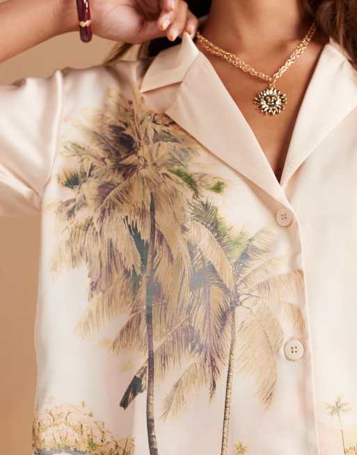 Camisa de manga corta con estampado de paisaje de satén de ASOS DESIGN (parte de un conjunto), 3 de 4