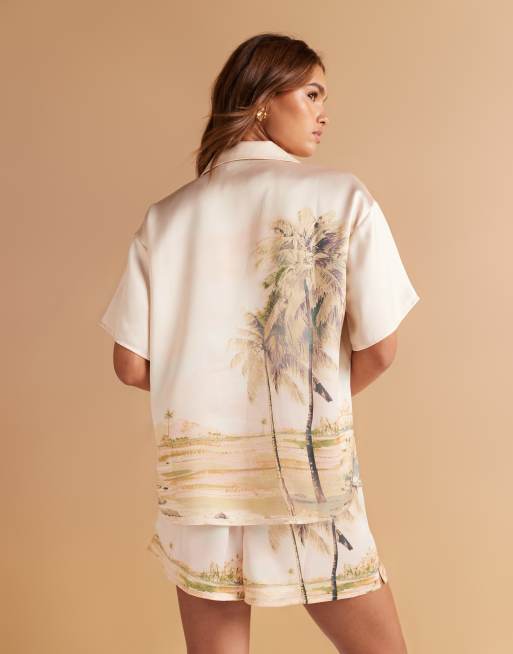 Camisa de manga corta con estampado de paisaje de satén de ASOS DESIGN (parte de un conjunto), 4 de 4
