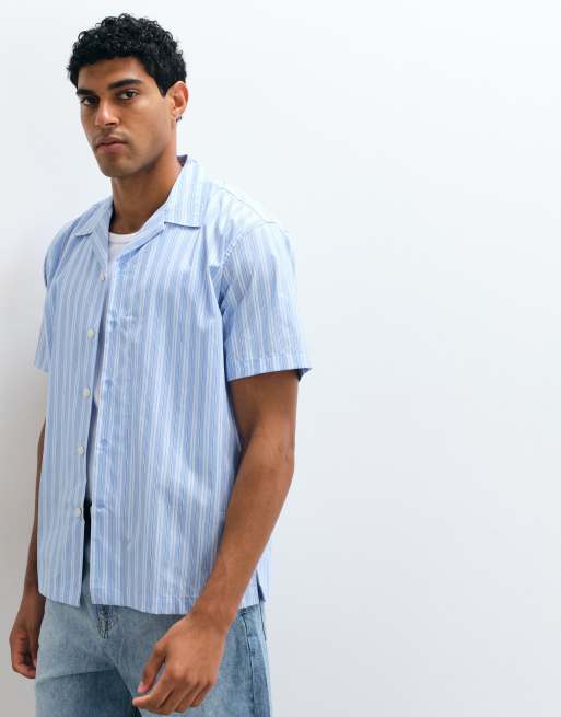 Camisa de manga corta de popelina a rayas en azul claro, 4 de 5
