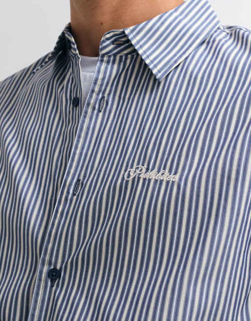Camisa de manga larga a rayas negras y azules con bolsillo, 2 de 5