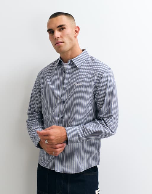 Camisa de manga larga a rayas negras y azules con bolsillo, 5 de 5
