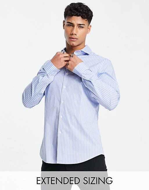 Hombre Other | Camisa de oficina azul a rayas con cuello italiano de corte slim de ASOS DESIGN - WY32138