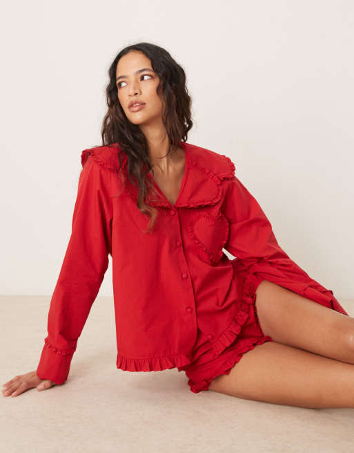Camisa de pijama roja con bolsillo en forma de corazón de algodón de ASOS DESIGN (parte de un conjunto), 3 de 4