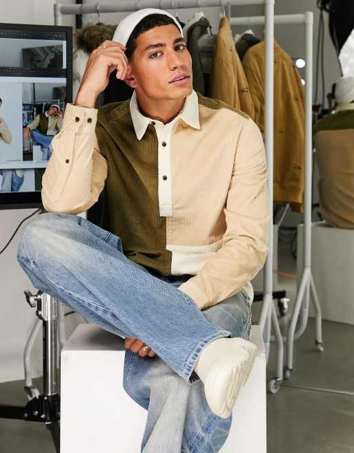 Camisa de rugby beis con diseño color block de pana de ASOS DESIGN