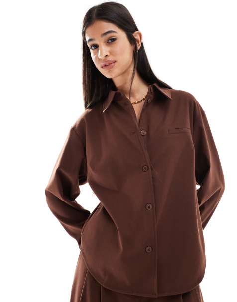 Camisa de sastre marrón chocolate de corte cuadrado de tejido efecto lana de ASOS DESIGN (parte de un conjunto) - view 1