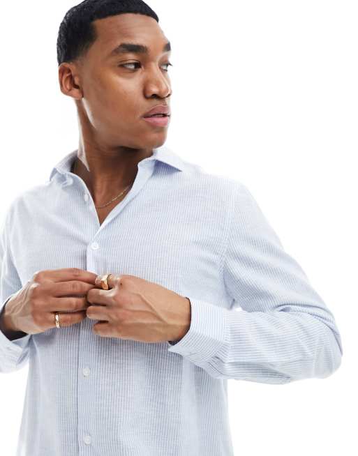 Camisa de vestir a rayas azules y blancas de corte estándar de mezcla de lino de ASOS DESIGN