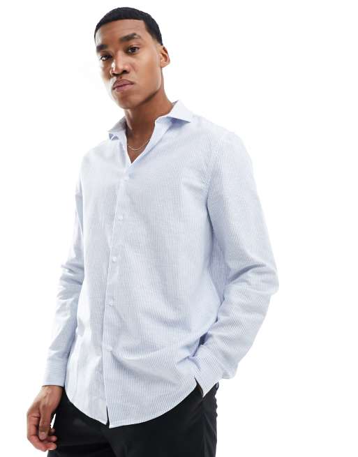 Camisa de vestir a rayas azules y blancas de corte estándar de mezcla de lino de ASOS DESIGN, 3 de 4