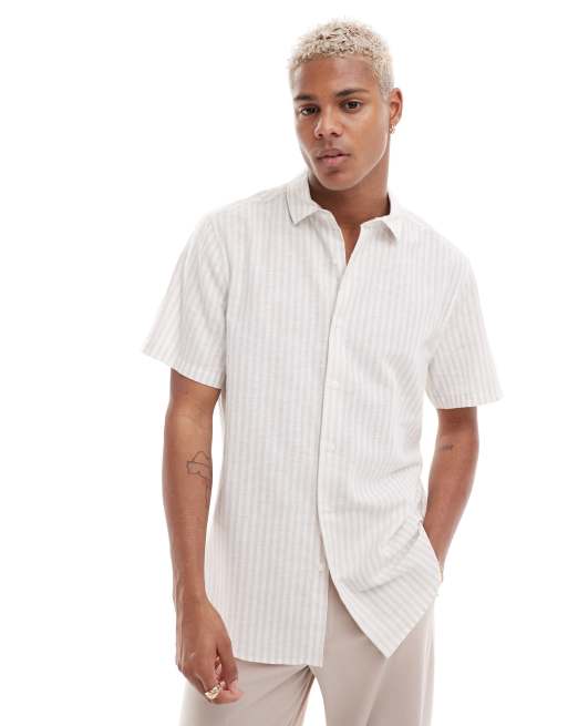 Camisa de vestir a rayas beis de corte estándar con cuello italiano de mezcla de lino de ASOS DESIGN