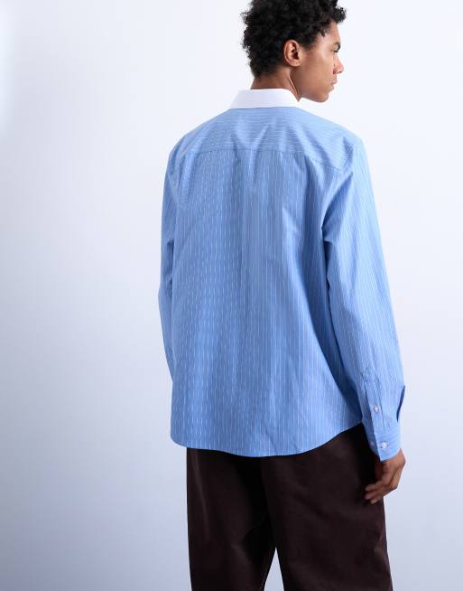 Camisa de vestir azul a rayas de manga larga y corte estándar con solapas en contraste de Topman, 4 de 5