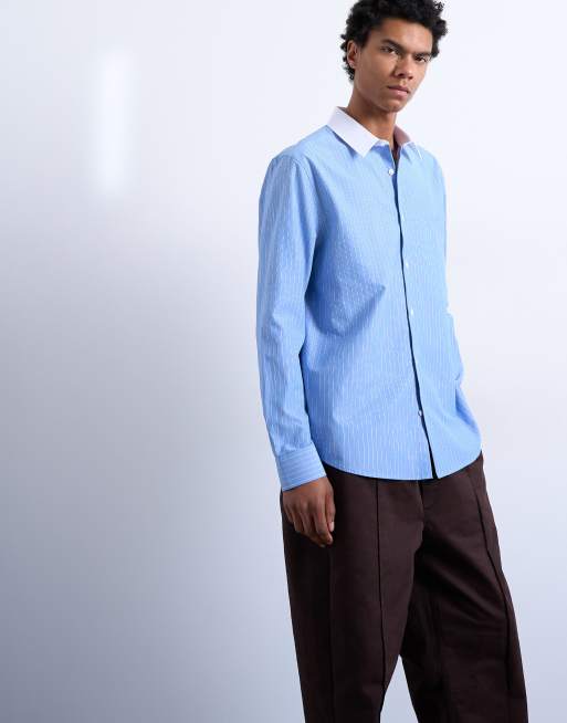 Camisa de vestir azul a rayas de manga larga y corte estándar con solapas en contraste de Topman, 5 de 5