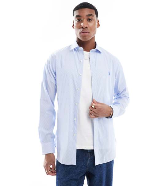 Camisa de vestir azul y blanca a rayas de corte slim con cuello de solapas alzado y logo distintivo de popelina de Polo Ralph Lauren - view 1