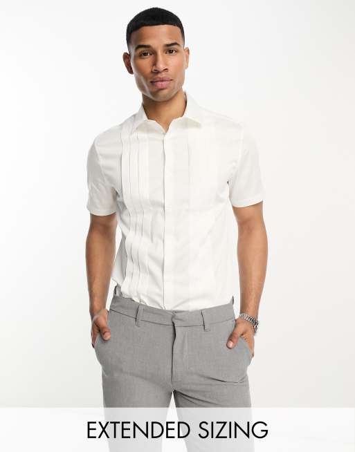 Camisa de vestir blanca de corte slim con jaretas en la parte delantera de saten de ASOS DESIGN