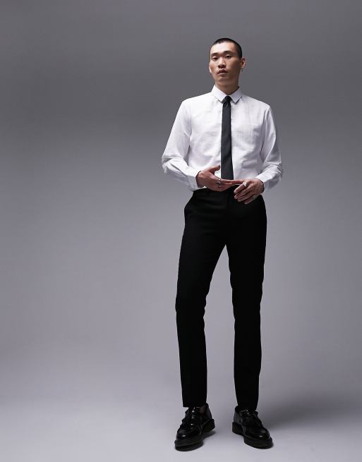 Camisa de vestir blanca de corte slim y manga larga con estampado de cuadrícula de Topman, 3 de 4