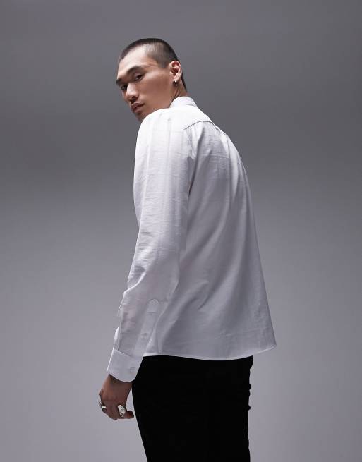 Camisa de vestir blanca de corte slim y manga larga con estampado de cuadrícula de Topman, 4 de 4