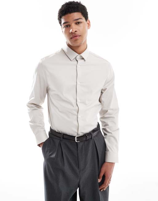 Camisa de vestir color piedra de corte estándar de sarga fácil de planchar de ASOS DESIGN