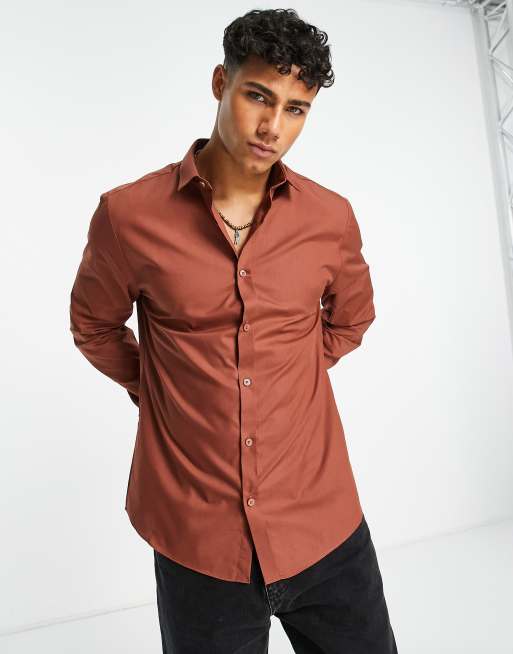 Camisa de vestir color teja de manga larga y corte slim de River Island