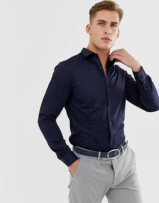Camisa de vestir de corte slim elástico en azul marino Premium de Jack & Jones