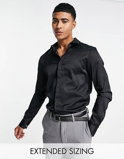 Hombre Other | Camisa de vestir negra de corte slim de satén premium de ASOS DESIGN - WE27440