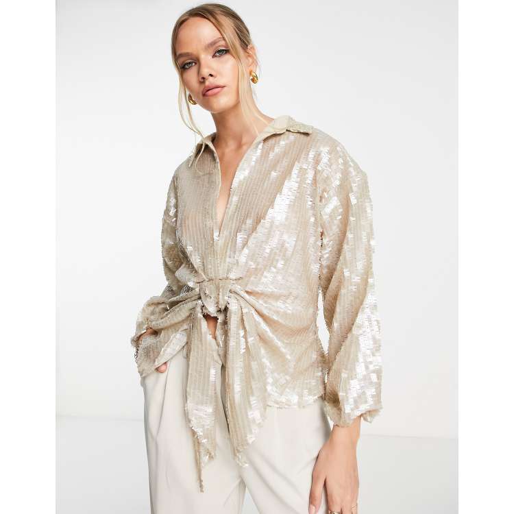 Camisa dorada lazada en la parte delantera de lentejuelas de River Island | ASOS