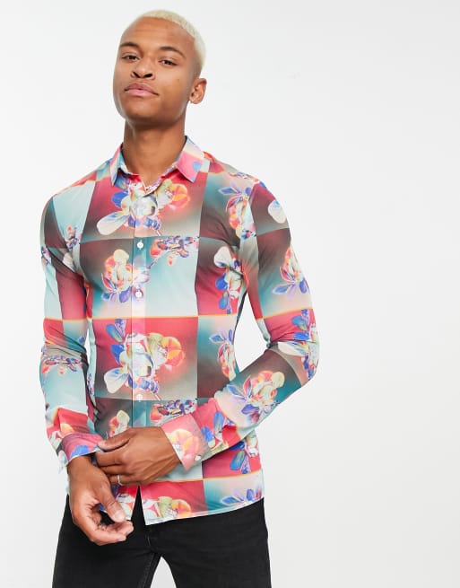 Camisa en tonos luminosos entallada y elástica con estampado floral estilo patchwork de malla de ASOS DESIGN