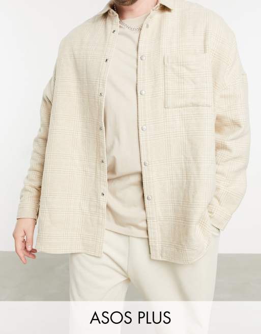 Camisa extragrande a cuadros en mezcla de lana en beis a tono con botones de presión de ASOS DESIGN Plus