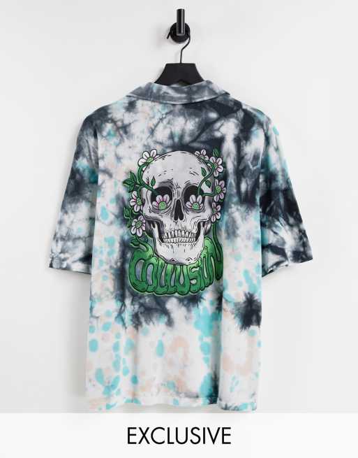 Camisa extragrande con efecto tie dye y estampado de calavera de piqué de COLLUSION Unisex