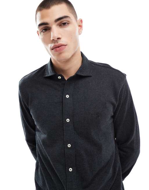 Camisa gris carbón a cuadros príncipe de Gales con cuello de solapas alzado de punto liso de Polo Ralph Lauren
