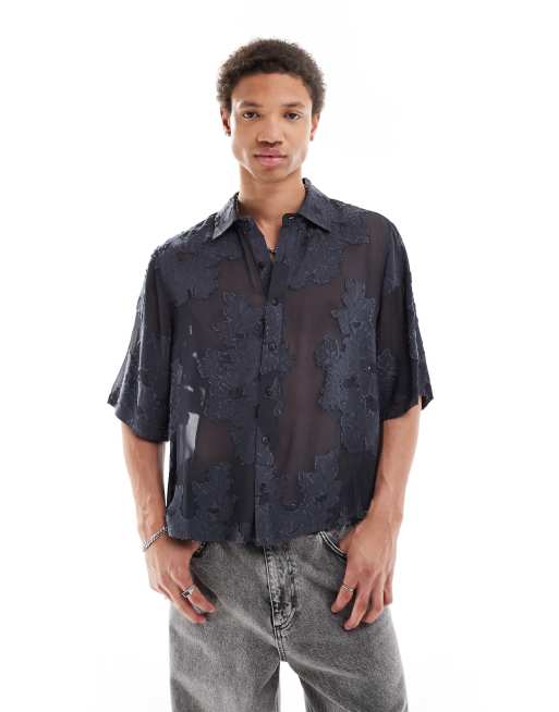 Camisa gris carbón de corte cuadrado de devoré transparente de COLLUSION
