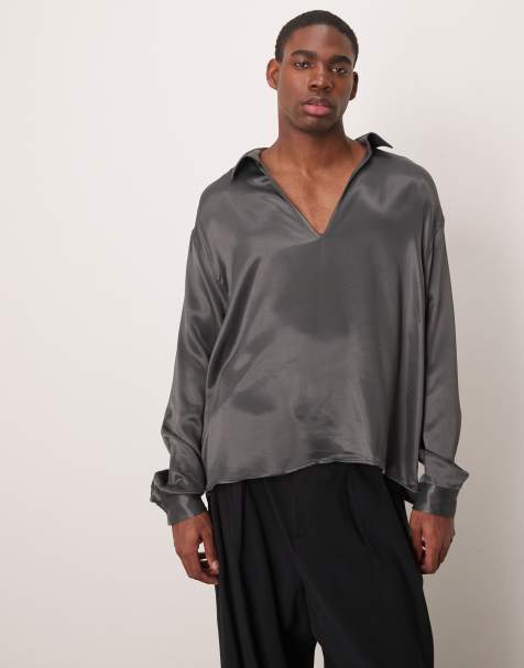 Camisa gris carbón de manga larga con cuello de pico pronunciado de satén de ASOS DESIGN - view 1