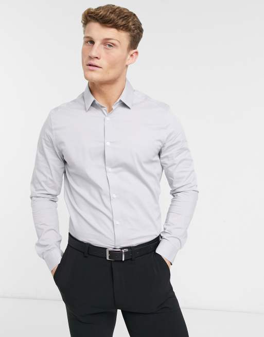 Camisa gris de corte slim con acabado elástico de ASOS DESIGN