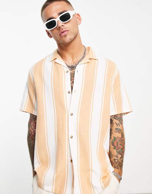 Camisa holgada a rayas mostaza con solapas de lino de ASOS DESIGN