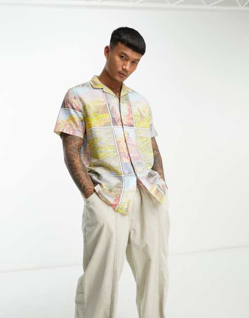 Camisa holgada con estampado de postales y cuello de solapas de mezcla de lino de ASOS DESIGN