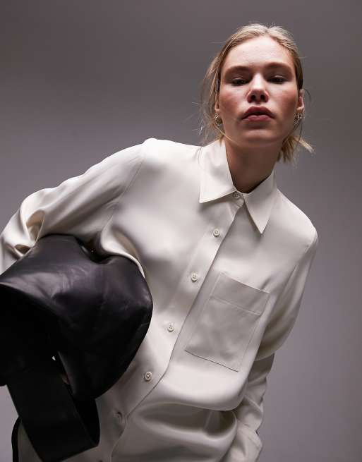 Camisa larga color ostra de satén de Topshop