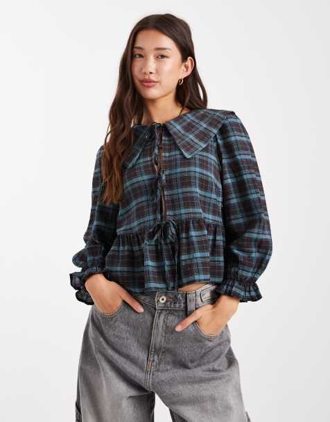 Camisa marrón a cuadros con detalle de lazada y cuello de solapas de New Look - view 1