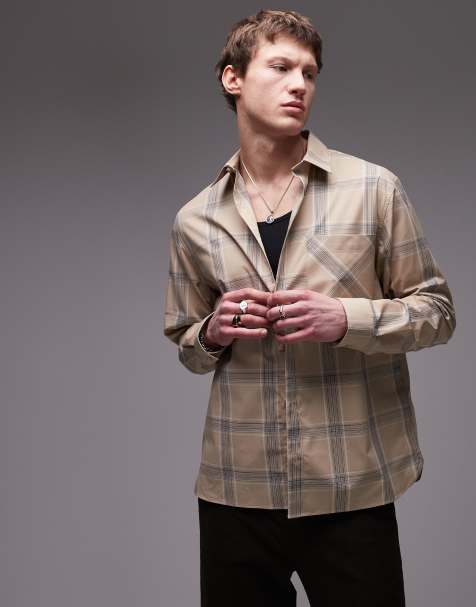 Camisa marrón a cuadros extragrande de manga larga de Topman - view 1