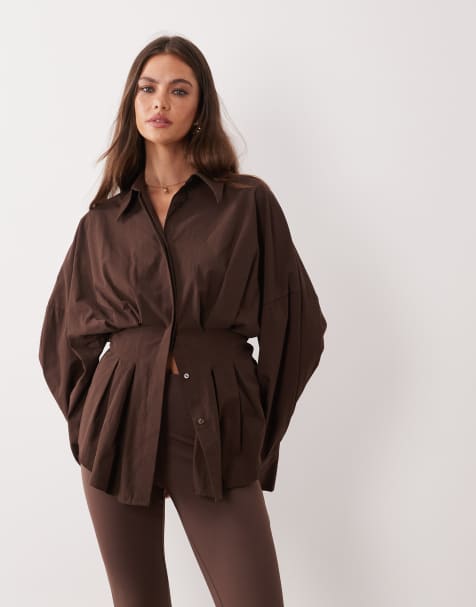 Camisa marrón chocolate con cintura plisada de ASOS DESIGN - view 1