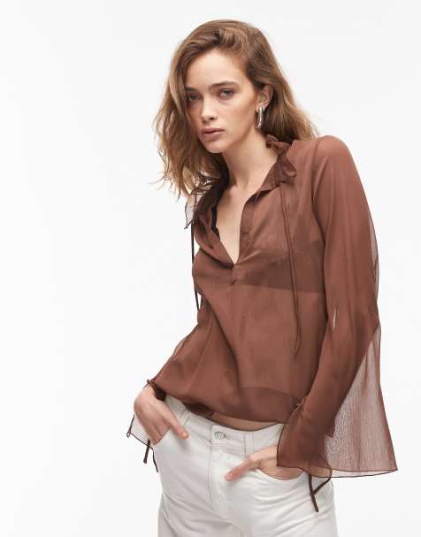 Camisa marrón chocolate entallada de chifón efecto rugoso de ASOS DESIGN - view 1