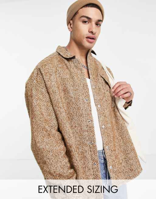 Camisa marrón extragrande con diseño de espiguilla de mezcla de lana de ASOS DESIGN