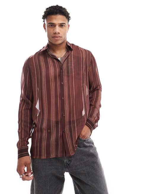 Camisa marrón holgada a rayas de tejido transparente de ASOS DESIGN