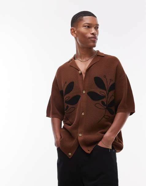 Camisa marrón holgada con aplicaciones florales y cuello de solapas de punto de Topman - view 1