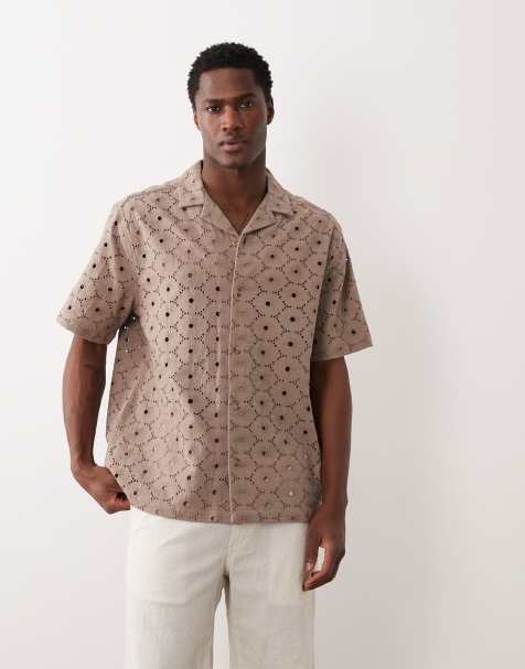 Camisa marrón holgada con cuello de solapas y diseño bordado de tejido con lino de ASOS DESIGN - view 1