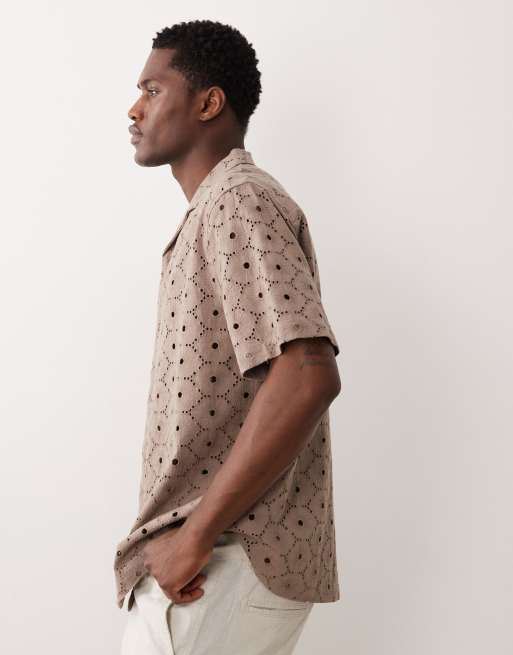 Camisa marrón holgada con cuello de solapas y diseño bordado de tejido con lino de ASOS DESIGN, 3 de 5