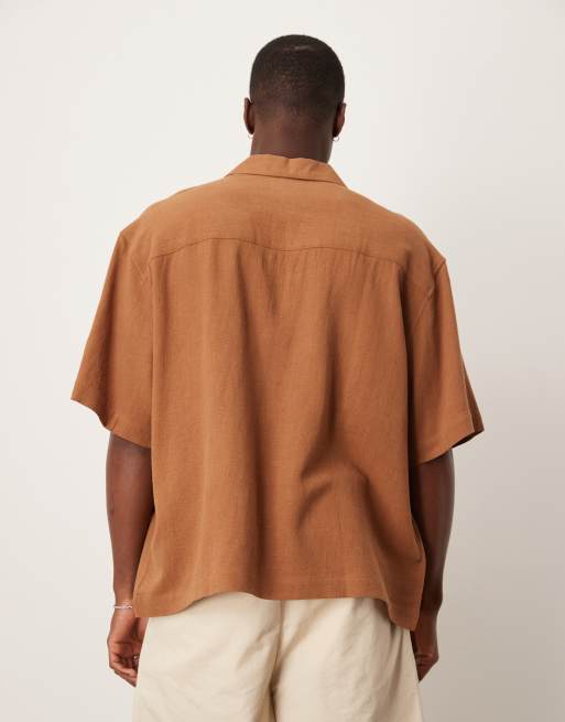 Camisa marrón sin cierres de corte cuadrado extragrande de mezcla de lino de ASOS DESIGN, 4 de 4