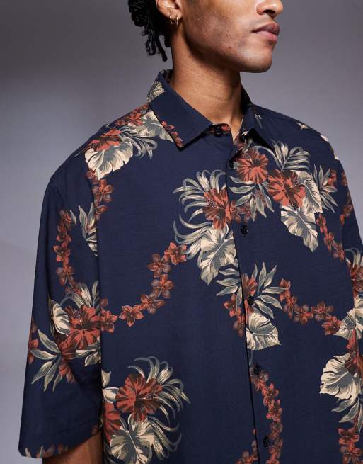Camisa marrón y azul marino de corte cuadrado extragrande con estampado floral de ASOS DESIGN, 4 de 4