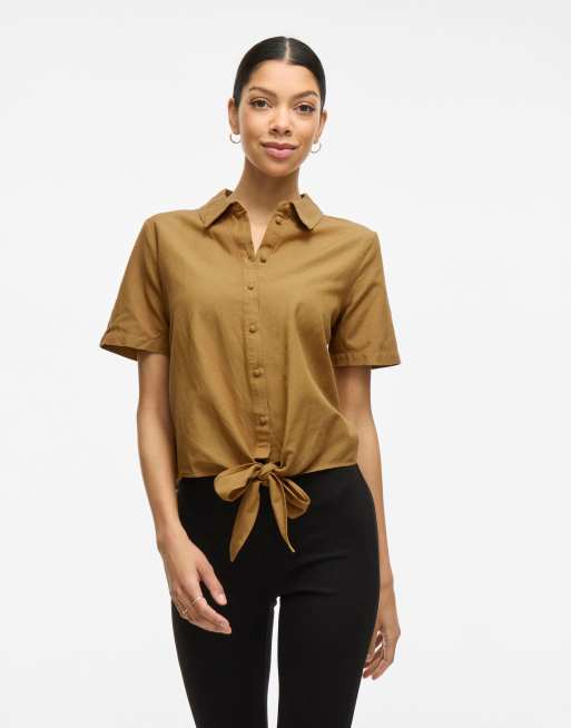 Camisa marrón zorzal de manga corta de VILA