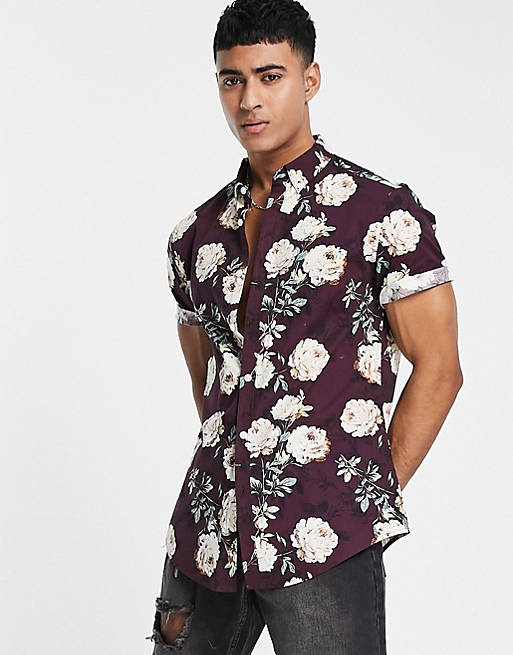 Hombre Other | Camisa morada de corte slim con estampado floral de tejido elástico de ASOS DESIGN - HJ15798