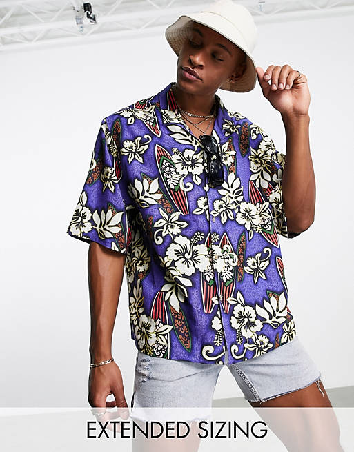 Hombre Other | Camisa morada extragrande con estampado floral hawaiano, sisas caídas y cuello de solapas de ASOS DESIGN - XJ06092