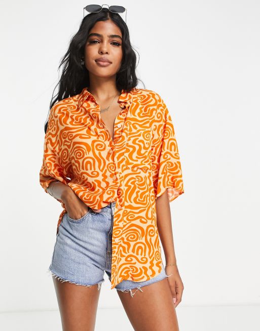 Camisa naranja extragrande con estampado ondulado de Monki - ORANGE, 3 de 4