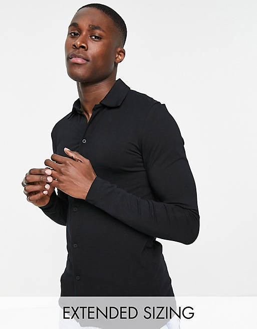 Hombre Other | Camisa negra ajustada de manga larga de punto de mezcla de algodón orgánico de ASOS DESIGN - EQ92793